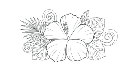 Obraz premium Exotic Hibiscus Flower and Tropical Leaves Vector Line Art Illustration for Coloring