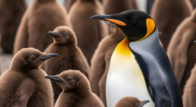 King penguin and chicks in a colony