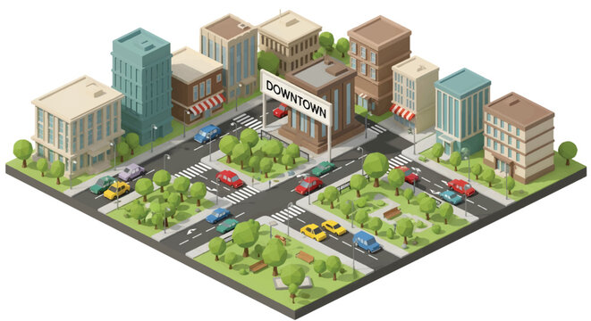 Isometric city downtown vector illustration, urban landscape with buildings and cars, miniature metropolitan street map with park and trees