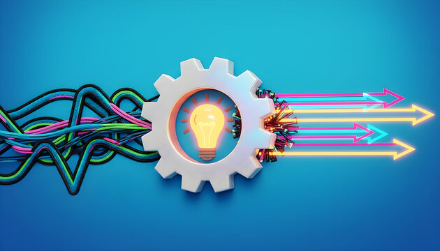 Concept of innovation and process: Gear with glowing lightbulb processed into output arrows on blue background