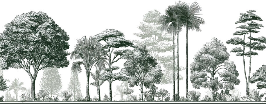 Diverse forest landscape with various trees and foliage in a detailed style nature