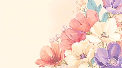 Fototapeta premium Neutral Beige Floral Background with Soft Botanical Flowers and Copy Space