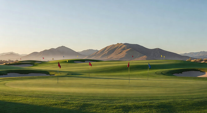 Desert golf course putting green flagstick mountains water landscape advertising ai generated photo


