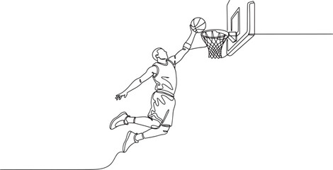 Basketball player jumping high for a slam dunk at the hoop in continuous line style hand-drawn vector illustration © Kanon Islam