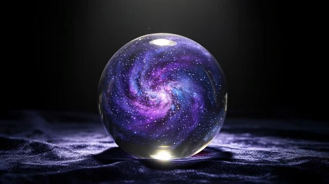 Crystal sphere with swirling galaxy pattern on dark background