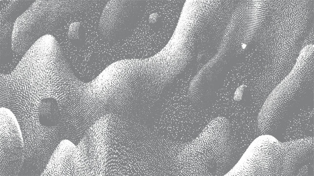 Abstract grayscale stippled landscape with undulating hills and valleys texture pattern