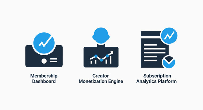 Digital business icons: membership dashboard, creator engine, and subscription analytics