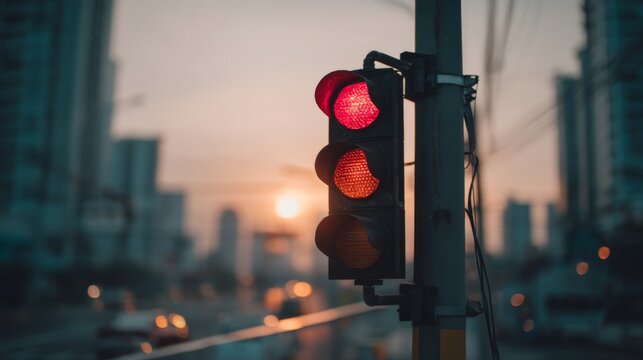 Red traffic light against city skyline during sunset in urban area