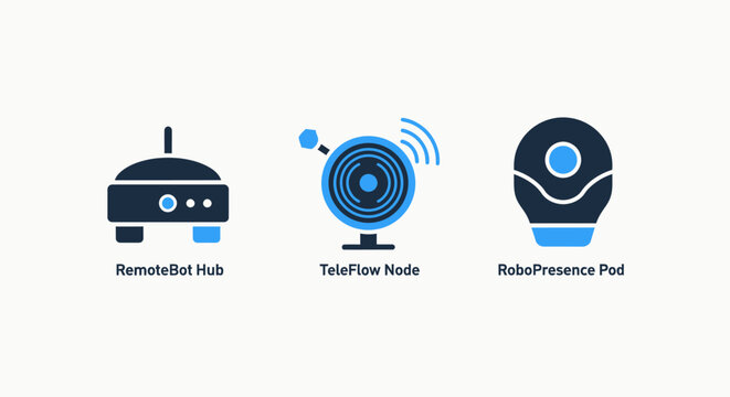 Technology icons: remote control, networked device, and location pin symbols representing iot, smart devices, and connectivity