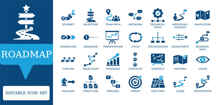 Roadmap and Strategy Planning Icons. Featuring journey milestones, business goals, project timelines, and navigational path symbols. Editable vector set for corporate reports and apps