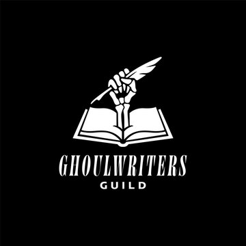 Ghoulwriters guild logo featuring a skeletal hand holding a pen. Perfect for halloweenthemed designs and products.