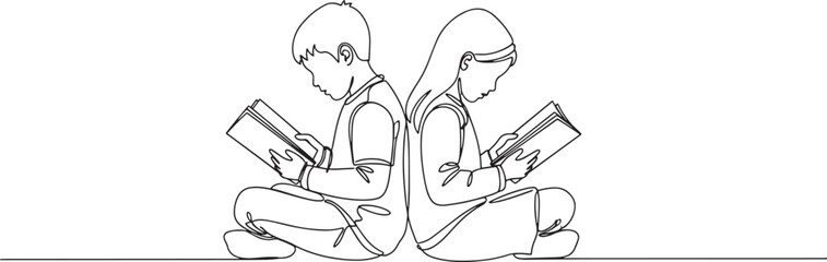 Two young children sitting back to back focused on reading books for school education and literacy hand-drawn vector illustration © Kanon Islam