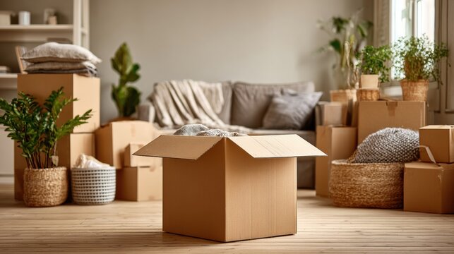 Empty Living Room With Moving Box and Belongings Divided for Property Settlement After Family Separation
