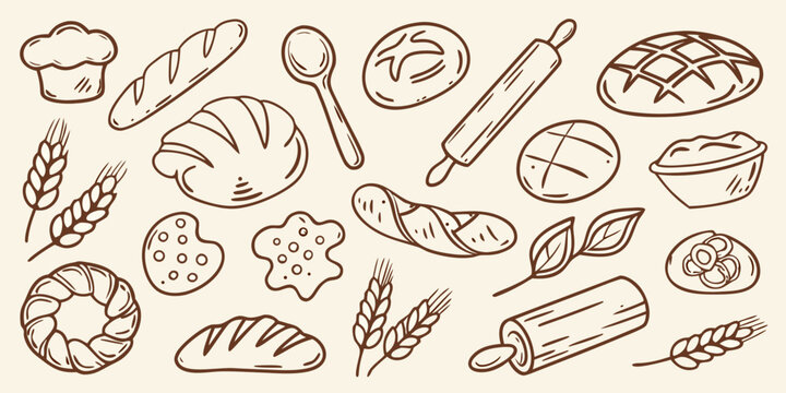 Hand drawn sketch of various baked goods and baking ingredients