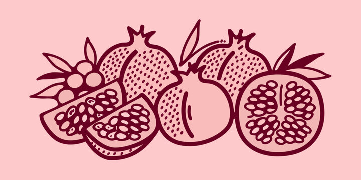 A collection of pomegranates both whole and cut open displayed together