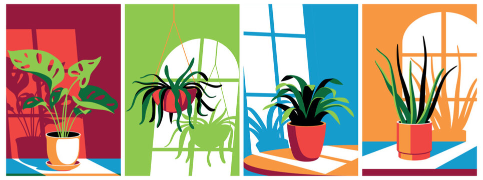 Set of graphic vector minimal realistic illustrations with various interior houseplants in planters. Home indoor green decor. Different succulents, cacti, foliage. Handmade drawing vector art.