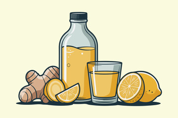 Obraz premium Healthy Ginger and Lemon Detox Drink in Glass Bottle with Sliced Fruits Illustration