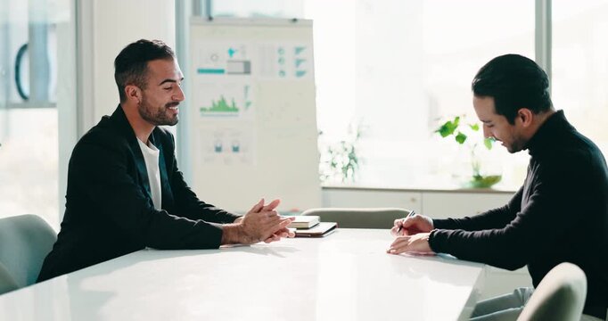 Contract, sign and business people with handshake in office, partnership and discussion for closing deal. B2b alliance, shaking hands and men with agreement document for collaboration, smile and talk