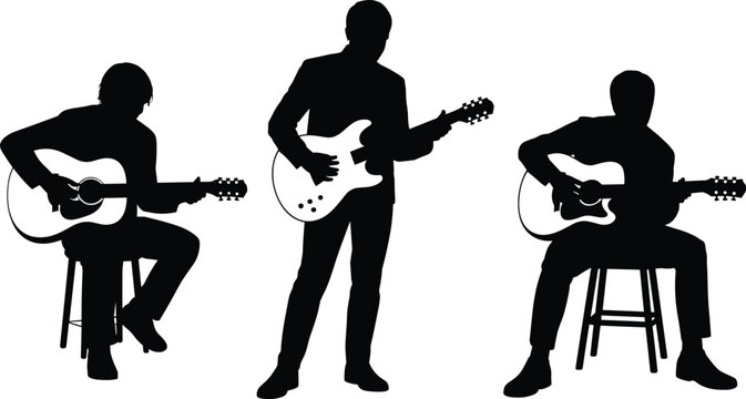 Professional guitar player silhouette set featuring acoustic and electric guitarists performing on stage for music festival branding,