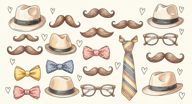 Set of vintage gentleman accessories including hats, mustaches, bow ties, necktie and glasses isolated on white background