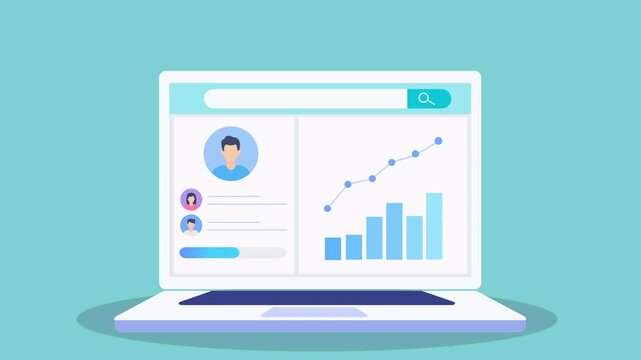 Flat animated video of a laptop displaying a dashboard with user profile, charts, and data analytics, representing digital monitoring, business insights, and performance tracking.