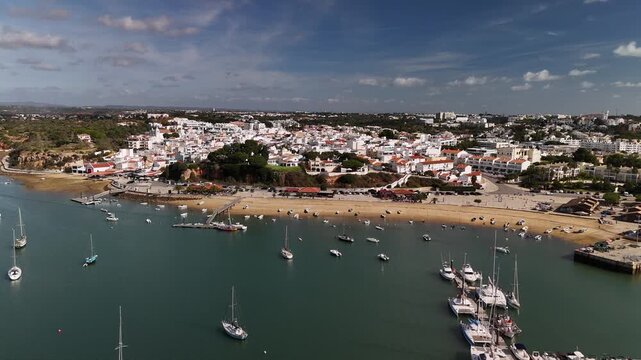 Aerial Drone View of Boats in Alvor Marina Portimao Fishing Village Algarve Portugal Coast