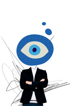 Creative trend artwork design 3D collage sketch of caricature headless man stand eye head look escape vision control scrutiny spy watch