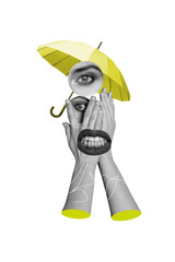 Fototapeta premium Vertical photo collage of puzzle female face eyeball hands mouth grimace depression mental trauma disorder isolated on painted background