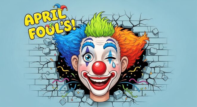 Mischievous Clown character theme April Fools day celebration design Colorful prankster cartoon png Funny joker face illustration Breaking wall graphic design Winking Wallpaper Background image