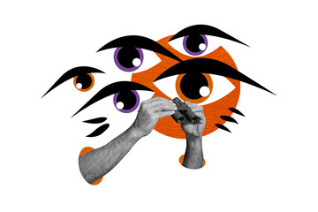 Art 3d sketch collage of headless human hands hold binoculars zoom eyeball stare espionage concept...
