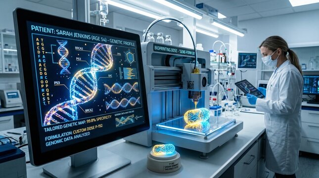 Futuristic laboratory with scientist analyzing DNA data on computer screen and 3D printed biological model