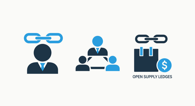 Business connection and supply chain management flat icons set representing network, team collaboration, and financial transactions for modern corporate workflow, digital infrastructure, and data stra