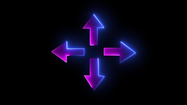Neon Four-Way Directional Arrows &ndash; Glowing Navigation, Interface Control, and Digital Movement Concept