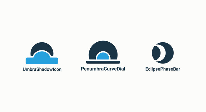 Set of astronomy and celestial icon vector illustrations featuring solar eclipse stages umbra and penumbra