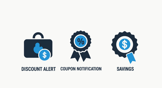 Shopping and finance icons set featuring discount alert, coupon notification, and savings badge for retail marketing and ecommerce vector graphics