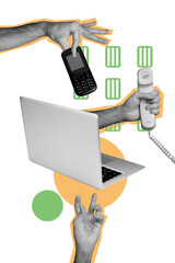 Naklejka na ściany i meble Vertical photo collage of hands business cal center workers hold laptop mobile telephone handset rare service isolated on painted background