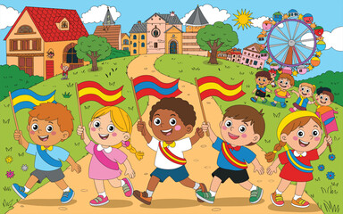 Fototapeta premium Diverse Children Parade with Flags Through Cheerful Town Landscape Cartoon Style