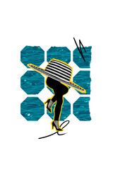 Vertical photo collage of sexy female legs wear heels instead body striped hat party movement...