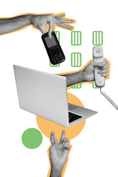 Vertical photo collage of hands business cal center workers hold laptop mobile telephone handset rare service isolated on painted background
