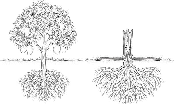 Mango tree with detailed root system botanical line art vector illustration showing plant structure growth underground roots and fruit bearing canopy