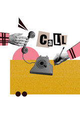 Vertical sketch 3d artwork collage poster of hands hold pencil draw note call center worker...