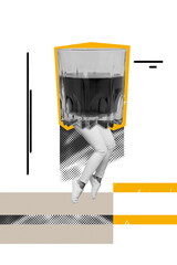 Vertical photo collage of anonym girl wear cognac glass costume instead body weekend bar occasion...