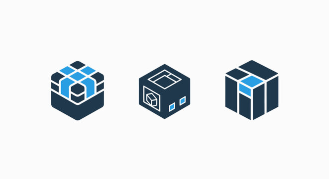 Modular architecture and data structure isometric icons, geometric blocks, construction planning and systematic organization visuals for digital infrastructure and spatial design concept development