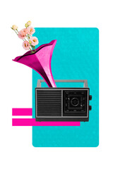 Poster image vertical photo collage of retro boombox player gramophone pipe vase imitation eustoma...