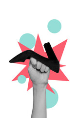 Vertical photo collage of human fist gesture female heels footwear shopping black friday offer...