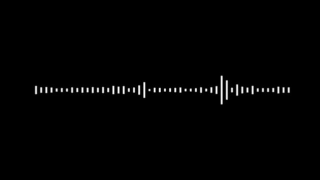 Sound wave animation audio spectrum, white waveform equalizer bars, black background, music visualizer, reactive frequency motion, abstract audio waves, seamless 4k loop