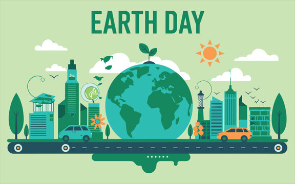 Earth Day Celebration Cityscape with Green Planet and Eco-Friendly Transport Flat Illustration Style