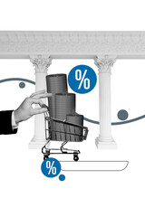 Vertical photo collage of hand carry trolley coin earnings museum architecture percent sing sale...