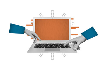 Creative collage picture laptop computer digital device screen display typing keyboard browsing...