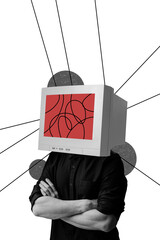 Vertical photo collage of anonym human crossed hands instead head computer pc screen addiction...